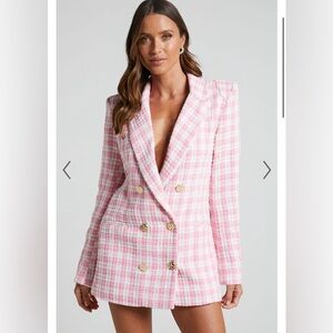 Showpo LARENCE BLAZER - LONGLINE DOUBLE BREASTED BLAZER IN PINK CHECK